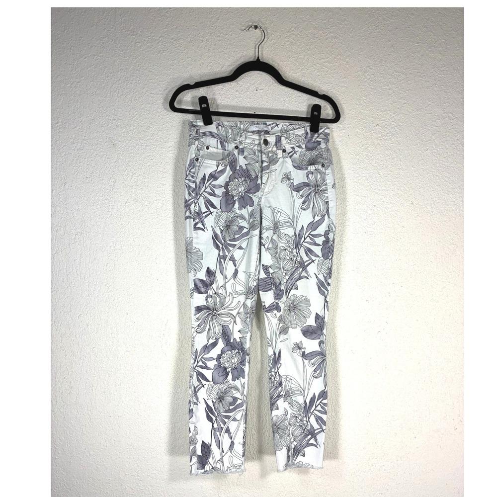 Cambio Jeans Vintage Edition White Navy Floral Print Slim Leg Pants Frayed Hem
